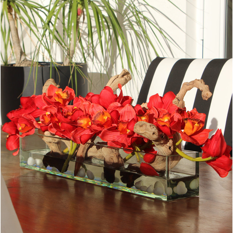 Bayou Breeze Driftwood Cymbidium Orchids Centerpiece in Glass Planter